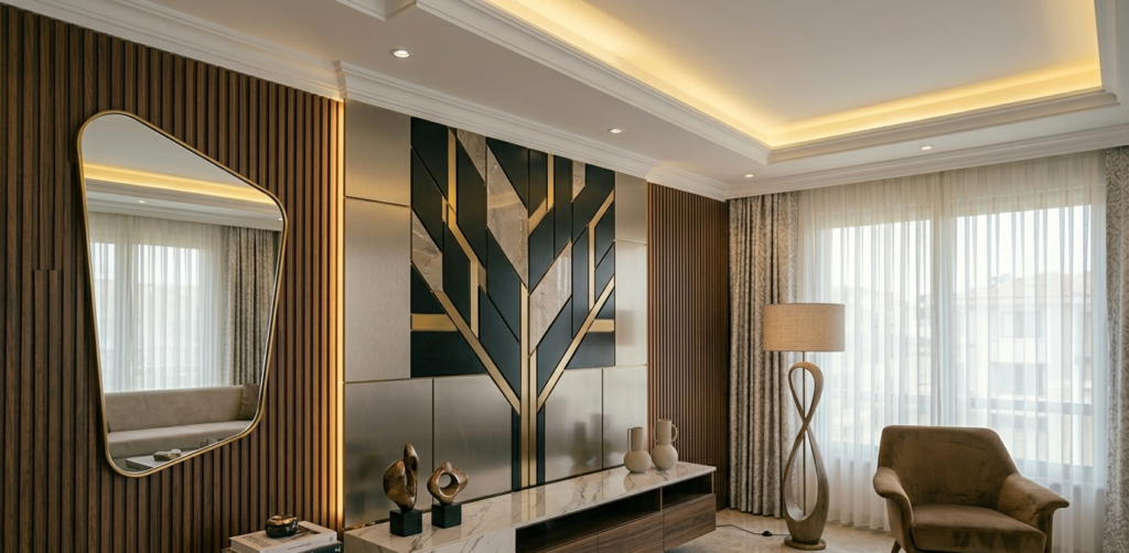 ديكور جداري فاخر بالرياض، يجمع بين ألواح الخشب العمودية وتصميم شجرة هندسي من المعدن والحجر، مع كونسول رخامي ومقعد مخملي.