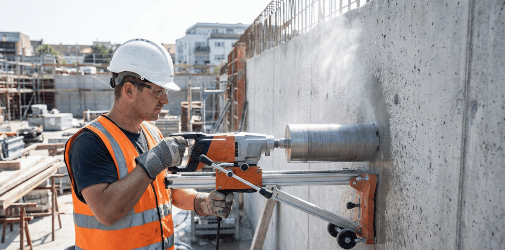 معلم قص خرسانة محترف بالرياض يستخدم ماكينة كور حديثة لتنفيذ فتحة دقيقة